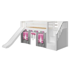 Maxtrix Twin Low Loft Bed With Stairs, Curtain + Slide -Babyletto Store AERIE57 WS LEFT
