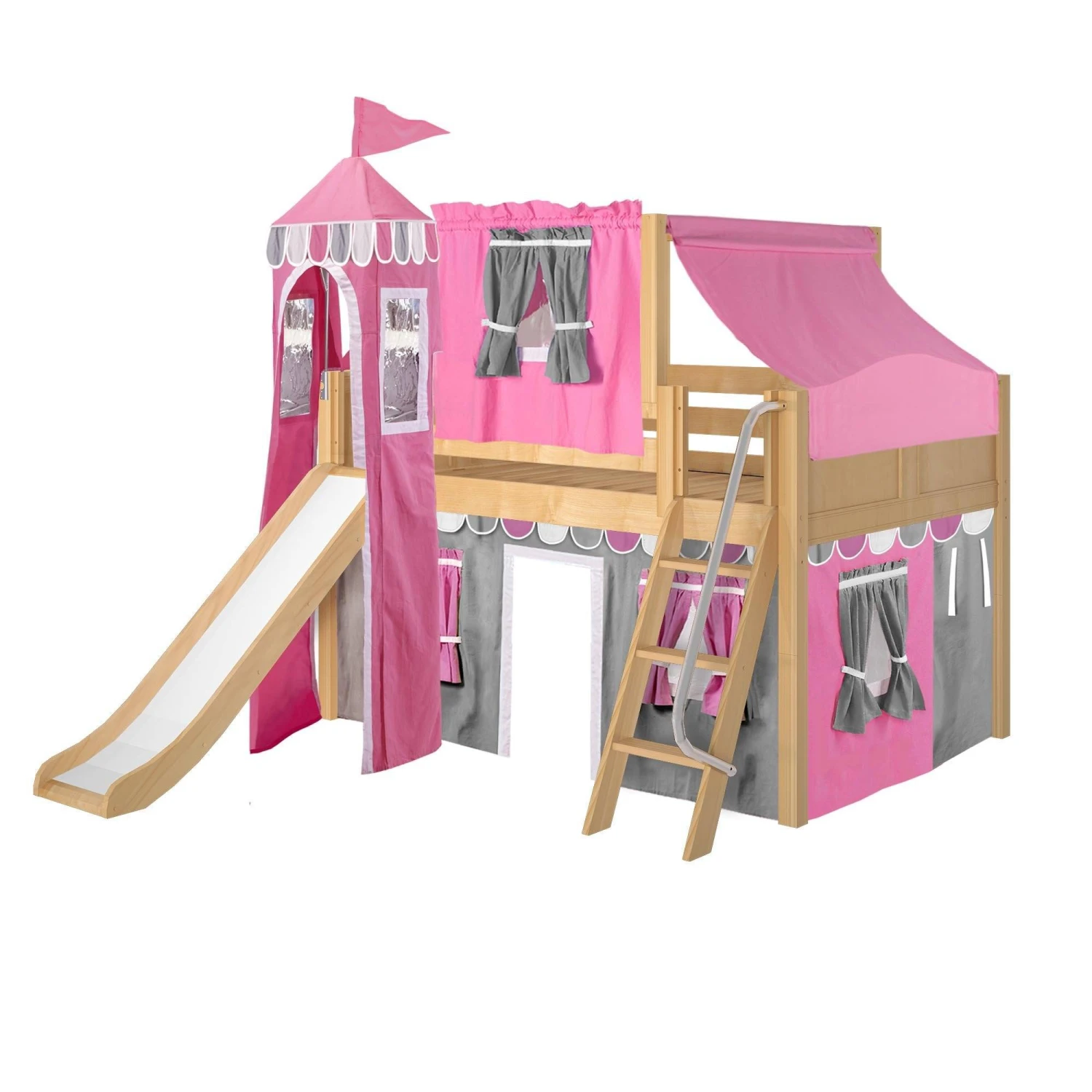 Maxtrix Full Low Loft Bed With Angled Ladder, Curtain, Top Tent, Tower + Slide 8 Maxtrix Full Low Loft Bed With Angled Ladder, Curtain, Top Tent, Tower + Slide - Image 6