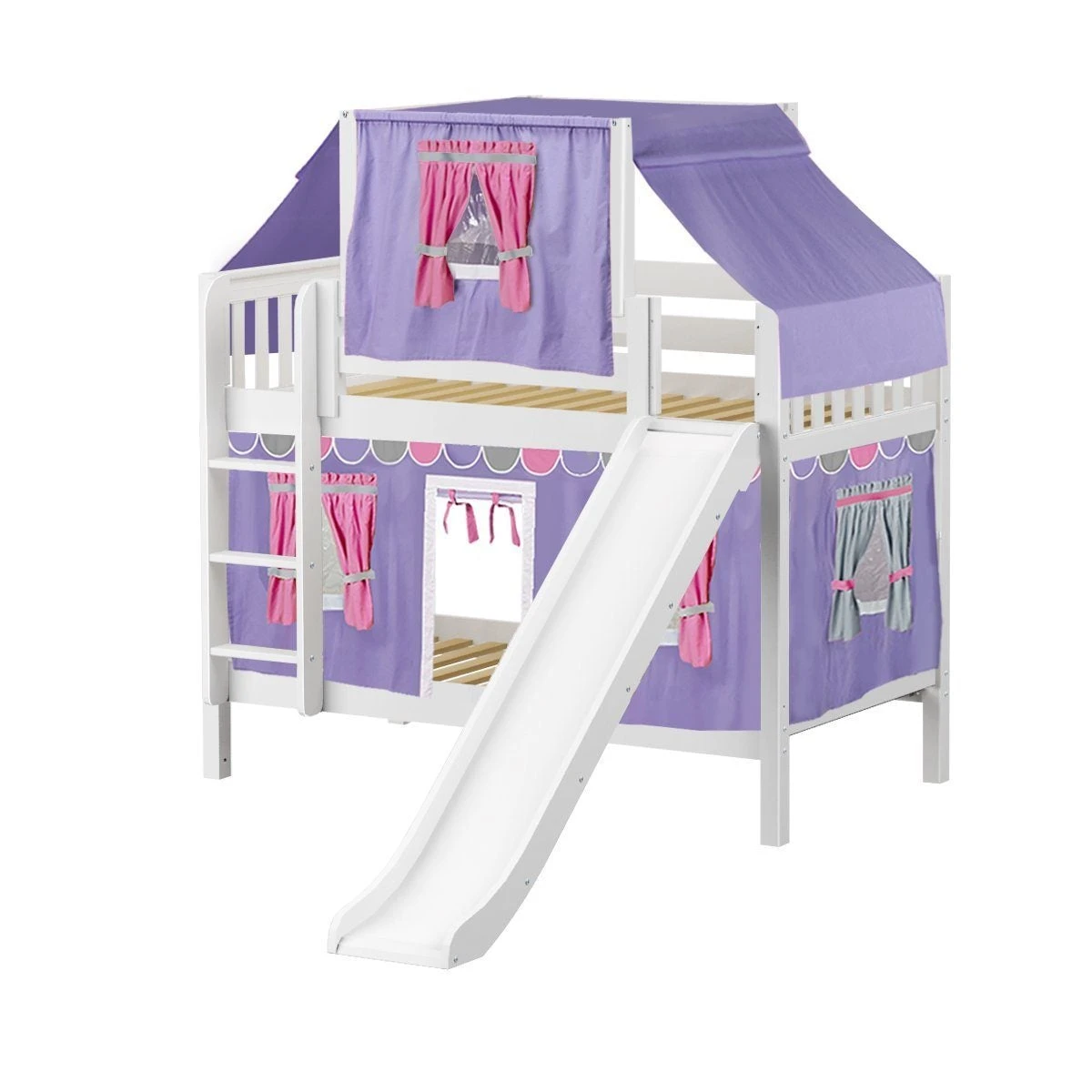 Maxtrix Twin Low Bunk Bed With Straight Ladder, Curtain, Top Tent + Slide 3 Maxtrix Twin Low Bunk Bed With Straight Ladder, Curtain, Top Tent + Slide