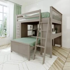 Jackpot Deluxe Mayfair Full Over Twin L-Shape Bunk With Desk + Storage 19 Jackpot Deluxe Mayfair Full Over Twin L-Shape Bunk With Desk + Storage -Babyletto Store Mayfair1StoneLeftAngle drawersclosed