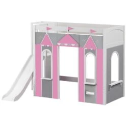 Maxtrix Twin High Loft Bed With Slide Platform + Playhouse Panels 32 Maxtrix Twin High Loft Bed With Slide Platform + Playhouse Panels -Babyletto Store STADIUM PINK WP