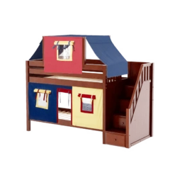 Maxtrix Twin Low Bunk Bed With Stairs, Curtain + Top Tent -Babyletto Store TRACKER29 CP