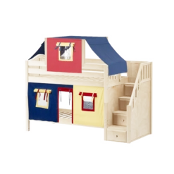 Maxtrix Twin Low Bunk Bed With Stairs, Curtain + Top Tent -Babyletto Store TRACKER29 NC