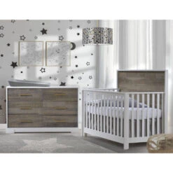 Nest Juvenile Vibe "5-in-1" Convertible Crib 11 Nest Juvenile Vibe "5-in-1" Convertible Crib -Babyletto Store Vibe Collection Convertible Crib Double Dresser in white with brown bark antique brass pulls featuring Matty in dusty grey 1 scaled 1